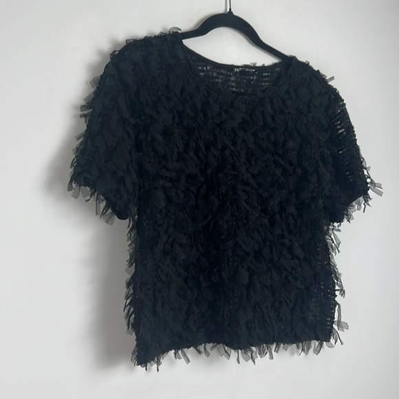 ZARA Women's Black Fringe Textured Short Sleeve Cropped Blouse Top Size L - Picture 5 of 12